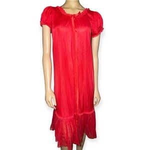 Vintage Sam Souci women’s Red Sheer Nightgown Lace Bow Ruffle Short Sleeve sz 32